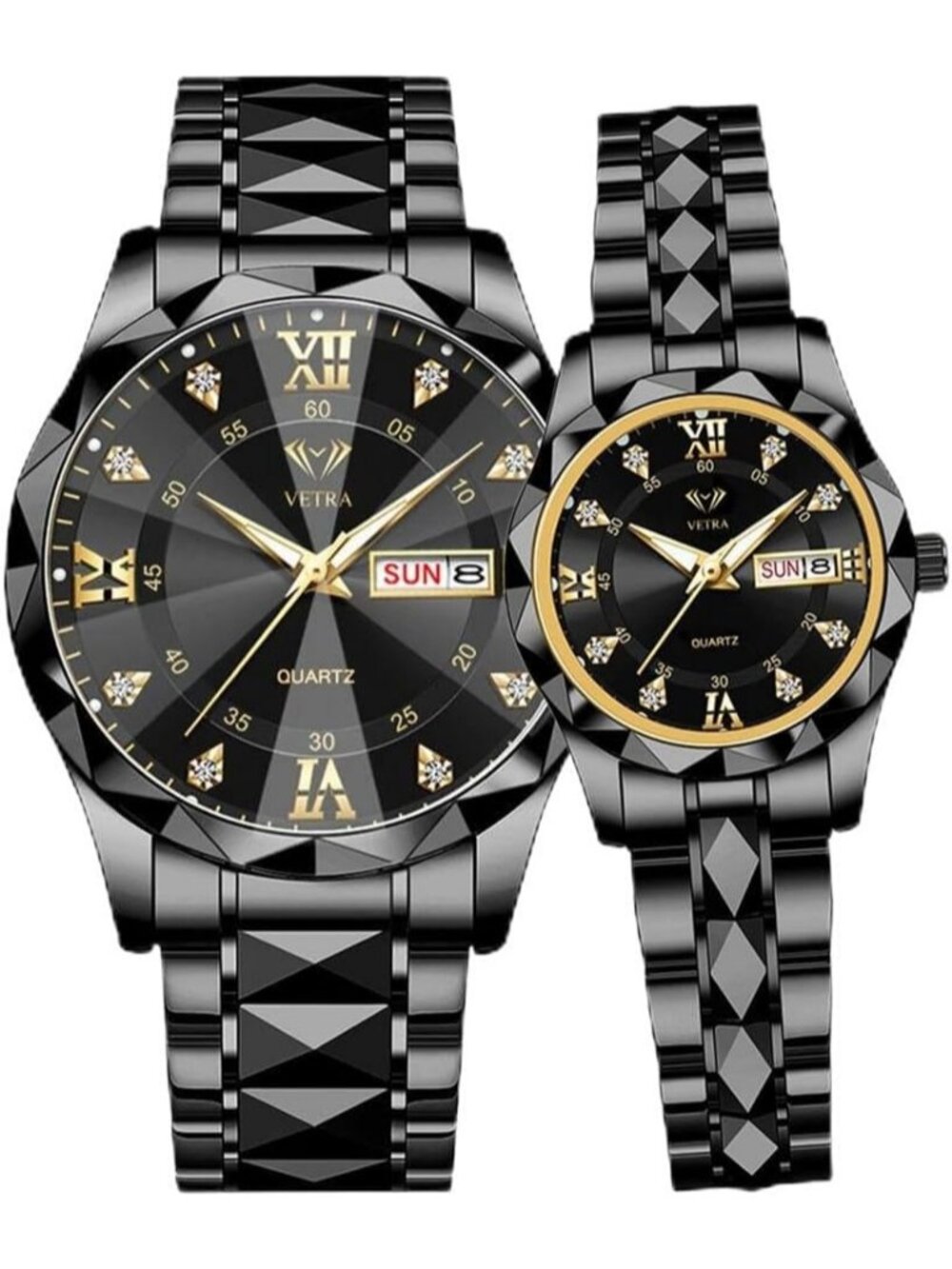 Men Women's Black band and Black dial Watches Set Luxury Diamond for Couple